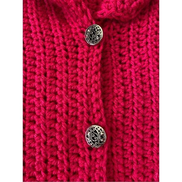 Handmade Crochet Knit Button Front Cardigan Sweater Hot Pink Heavyweight Winter - Picture 6 of 12